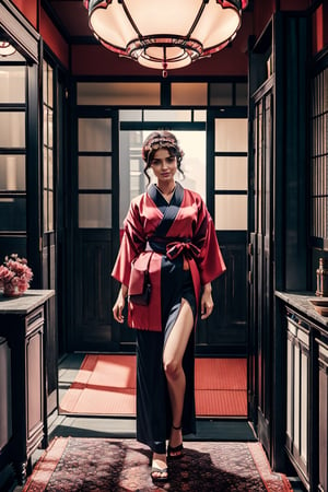 woman, decent, kimono, elegant, nice smile,masterpiece, cinematic lighting, indoors, 3d separation, volumetric lighting, elegant feminine pose, 5 fingers hand,Wabisabi,Interior