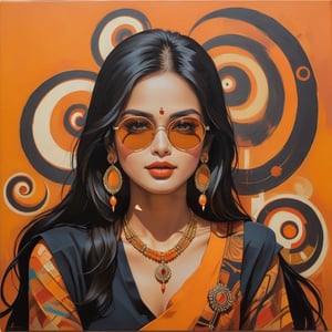 abstract painting of a striking 1girl, solo, long hair, simple background, black hair, jewelry, girl smoking, upper body, earrings, necklace, bracelet, sunglasses, kurta, ring, orange background , soulful eyes, the image showcasing her show middle finger 