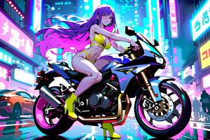 Highly detailed, high quality, masterpiece, beautiful, dark purple hair, long hair, pink eyes, sexy pose, riding a motorcycle, full body, hot, kill bill custome, high heels, boots, motorcycle, city night, cyberpunk,