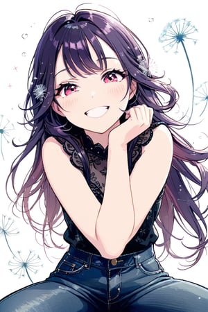 Highly detailed, high quality, masterpiece, beautiful, dark purple hair, long hair: 1. w, pink eyes,  laughing, sexy pose, black crotop, blush, , hot, smile, jeans, looking at front, dandelion in hair
