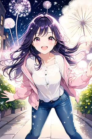 Highly detailed, high quality, masterpiece, beautiful, dark purple hair, long hair: 1. w, pink eyes,  laughing, sexy pose, pink jacket, white blouse, blush, , hot, smile, jeans, looking at front, dandelion, stargazer, street background