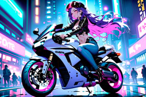 Highly detailed, high quality, masterpiece, beautiful, dark purple hair, long hair, pink eyes, sexy pose, riding a motorcycle, full body, hot, jeans, leather jacket,  custome, high heels, boots, motorcycle, city night, cyberpunk, helmet, dark background