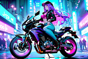 Highly detailed, high quality, masterpiece, beautiful, dark purple hair, long hair, pink eyes, sexy pose, riding a motorcycle, full body, hot, jeans, leather jacket,  custome, high heels, boots, motorcycle, city night, cyberpunk, helmet, dark background
