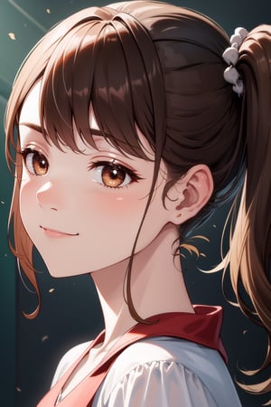 (8k,masterpiece, best quality, highres), 1girl,long hair,(side ponytail:1.2) , brown hair,brown eyes, big smile,(closed mouth:1.1) ,delicated eyes, delicated face,hair accessories,focus,portrait, 