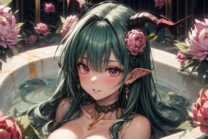 Masterpiece, Top Quality, 2020 Anime, Succubus Queen,
(peony leaves), a large amount of peonies around the succubus