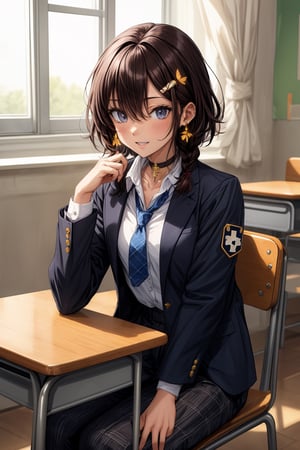 Masterpiece, highest quality, illustration, succubus princess, cute, cute, (portrait: 0.7), (close-up: 0.7), 1 girl, solo, looking at camera, blushing, smiling,
break,
(Her jewel-like blue eyes are so beautiful that they almost draw you in.)
Short hair, small braids (bangs are black and brown), hair between black and brown, holy cross hair ornament, shining blue cross hair ornament, blue cross clip, shiny inner hair (brown and blue) )'s two-tone hair)
break,
Butterfly earrings, butterfly and jewel choker,
(Earrings/Choker) A choker is a jet black lace choker accessory that resembles silk women's underwear or gold and silver jewelry.
break,
Short hair, bangs, blue eyes, brown hair, hair ornament, long sleeves, hair between the eyes, sitting, school uniform, jacket, parted lips, tie, hair clip, (pure white collared shirt), pants, indoors, medium hair, dark blue jacket, window,
Plaid slacks, dark blue high school uniform pants with plaid pattern, blazer, hair ornament, blue tie, desk, school desk