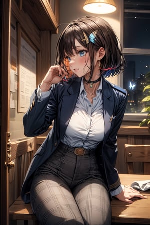 Masterpiece, Best Quality, 2020 Anime, Succubus Queen, (Portrait: 0.7), (Close-up: 0.7),
(1 female, solo), smile, short hair, bangs, jewel blue eyes, hair ornament, long sleeves, hair between the eyes, school uniform, jacket, white shirt, (light brown black hair) cross earrings blue or shiny , open clothes, lace choker with cross, stripes, collared shirt, pants, (dark blue uniform with open jacket), dress shirt, checked pants, slightly shiny hair waves, uniform blazer, fluttering butterfly, blue tie, cross Hairpin, butterfly hair ornament, hidden shirt, striped blue tie, blue butterfly, (plaid uniform pants), (night), background Dining room at night,
break,
(Cute sitting model pose), (hand between legs: 1.2), (leaning forward: 1), (cowboy shot: 1.4), (from the front), (from diagonally in front: 1.3), staring) Observer: 1.4), (upward gaze: 1.2),
break,
(Underwear: 1.3), (Black stockings: 1.2), High heels,
break,
(Standing: 1.3), dynamic pose,
break,
(blush: 1.2), (smile: 1.3),
break,
(Whole body: 0.4), (From the side: 1.2), (Profile: 0.6), (From the front: 1.4),
break,
(Closet room with lots of clothes: 1.4),
break,
dynamic angle,
break,
(Pale and vivid colors: 0.6), (Real: 0.6), (Ultra wide-angle shooting: 0.6), (White background: 0.6)
