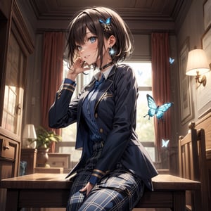 Masterpiece, Best Quality, 2020 Anime, Succubus Queen, 
(1 female, solo), smile, short hair, bangs, jewel blue eyes, hair ornament, long sleeves, hair between the eyes, school uniform, jacket, white shirt, (light brown black hair) cross earrings blue or shiny , open clothes, lace choker with cross, stripes, collared shirt, pants, (dark blue uniform with open jacket), dress shirt, checked pants, slightly shiny hair waves, uniform blazer, fluttering butterfly, blue tie, cross Hairpin, butterfly hair ornament, hidden shirt, striped blue tie, blue butterfly, (plaid uniform pants), (night), background Dining room at night,
break,
(Cute sitting model pose), (hand between legs: 1.2), (leaning forward: 1), (cowboy shot: 1.4), (from the front), (from diagonally in front: 1.3), staring) Observer: 1.4), (upward gaze: 1.2),
break,
(Underwear: 1.3), (Black stockings: 1.2), High heels,
break,
(Standing: 1.3), dynamic pose,
break,
(blush: 1.2), (smile: 1.3),
break,
(Whole body: 0.4), (From the side: 1.2), (Profile: 0.6), (From the front: 1.4),
break,
(Closet room with lots of clothes: 1.4),
break,
dynamic angle,
break,
(Pale and vivid colors: 0.6), (Real: 0.6), (Ultra wide-angle shooting: 0.6), (White background: 0.6)