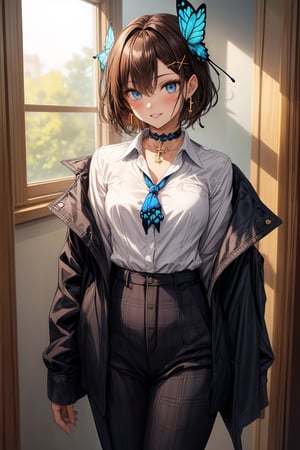 Masterpiece, highest quality, illustration, succubus princess, cute, cute, , 1 girl, solo, looking at viewer, blushing, smiling,

Standing figure, background is changing clothes in the changing room

Her blue jewel-like eyes are so beautiful that you can almost be sucked into them.
Short hair, small braids (bangs are black and brown), hair between black and brown, holy cross hair ornament, shining blue cross hair ornament, blue cross clip, shiny inner hair (brown and blue) two-tone hair)

Accessories include gold and silver jewelry, x hair ornaments, and cross hair clips.
Butterfly earrings, butterfly & jewel choker (earrings & choker), (silk jet black lace choker), feminine black lace choker

Butterfly earrings, butterfly and jewel choker,
(Earrings and Chokers), A choker is a jet black lace choker accessory that resembles silk women's underwear or gold or silver jewelry.

short hair, bangs, blue eyes, brown hair, shirt, hair accessory, long sleeves, hair between the eyes, school uniform, jacket, white shirt, parted lips, tie, hair clip, collared shirt, pants, indoors , , medium hair, black jacket, plaid, window,
Checkered slacks, chair, black pants, blazer, x hair ornament, blue tie,...