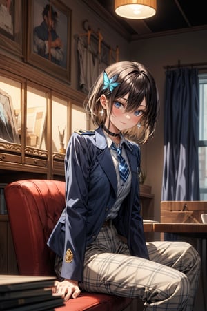 Masterpiece, Best Quality, 2020 Anime, Succubus Queen, (Portrait: 0.7), (Close-up: 0.7),
smile, short hair, bangs, jewel blue eyes, hair ornament, long sleeves, hair between the eyes, school uniform, jacket, white shirt, (light brown black hair) cross earrings blue or shiny , open clothes, lace choker with cross, stripes, collared shirt, pants, (dark blue uniform with open jacket), dress shirt, checked pants, slightly shiny hair waves, uniform blazer, fluttering butterfly, blue tie, cross Hairpin, butterfly hair ornament, hidden shirt, striped blue tie, blue butterfly, (plaid uniform pants), (night), background Dining room at night,
break,
(Cute sitting model pose), (hand between legs: 1.2), (leaning forward: 1), (cowboy shot: 1.4), (from the front), (from diagonally in front: 1.3), staring) Observer: 1.4), (upward gaze: 1.2),
break,
(Underwear: 1.3), (Black stockings: 1.2), High heels,
break,
(Standing: 1.3), dynamic pose,
break,
(blush: 1.2), (smile: 1.3),
break,
(Whole body: 0.4), (From the side: 1.2), (Profile: 0.6), (From the front: 1.4),
break,
(Closet room with lots of clothes: 1.4),
break,
dynamic angle,
break,
(Pale and vivid colors: 0.6), (Real: 0.6), (Ultra wide-angle shooting: 0.6), (White background: 0.6)