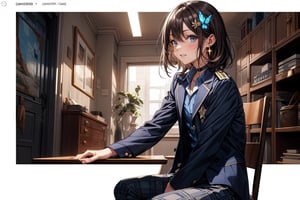 Masterpiece, Best Quality, 2020 Anime, Succubus Queen, (Portrait: 0.7), (Close-up: 0.7),
smile, short hair, bangs, jewel blue eyes, hair ornament, long sleeves, hair between the eyes, school uniform, jacket, white shirt, (light brown black hair) cross earrings blue or shiny , open clothes, lace choker with cross, stripes, collared shirt, pants, (dark blue uniform with open jacket), dress shirt, checked pants, slightly shiny hair waves, uniform blazer, fluttering butterfly, blue tie, cross Hairpin, butterfly hair ornament, hidden shirt, striped blue tie, blue butterfly, (plaid uniform pants), (night), background Dining room at night,
break,
(Cute sitting model pose), (hand between legs: 1.2), (leaning forward: 1), (cowboy shot: 1.4), (from the front), (from diagonally in front: 1.3), staring) Observer: 1.4), (upward gaze: 1.2),
break,
(Underwear: 1.3), (Black stockings: 1.2), High heels,
break,
(Standing: 1.3), dynamic pose,
break,
(blush: 1.2), (smile: 1.3),
break,
(Whole body: 0.4), (From the side: 1.2), (Profile: 0.6), (From the front: 1.4),
break,
(Closet room with lots of clothes: 1.4),
break,
dynamic angle,
break,
(Pale and vivid colors: 0.6), (Real: 0.6), (Ultra wide-angle shooting: 0.6), (White background: 0.6)