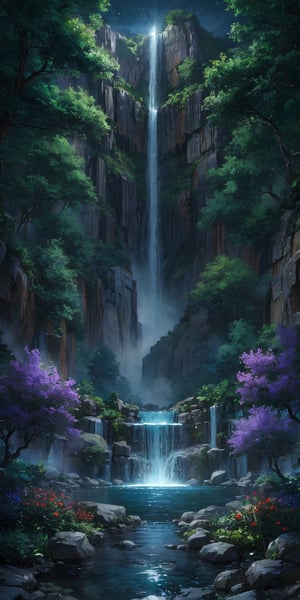 flower, outdoors, water, tree, book, pokemon \(creature\), no humans, night, glowing, nature, scenery, waterfall, fountain