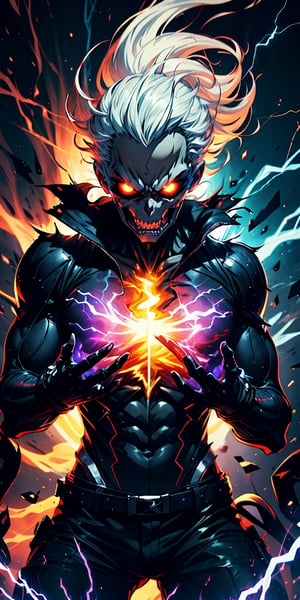 close-up of a person on a purple and blue background, full of lightning, glowing black aura, evil aura, 8K anime, epic anime about a creature with the power of lightning, epic anime style, Menacing aura, aura of darkness, develops into its final form, radiant aura of power, cosmic power glows and prospers, lots of lightning around the character, Hair with electricity, electricity passes through the body, hair with static electricity,DonMW15p,ghostrider