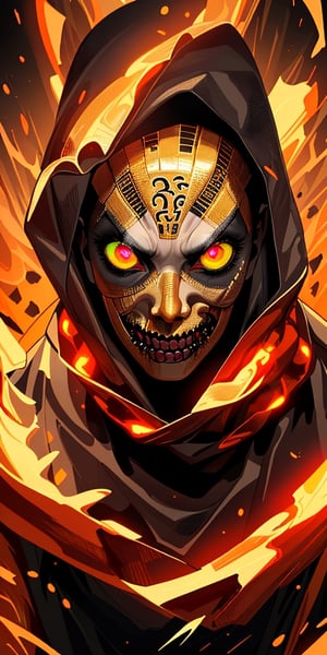 "(best quality,highres),close-up of a mummy's face,covered in bandages with golden hieroglyphics,(detailed:1.1),(vivid and intense colors:1.1),(realistic:1.1) graphic art style,terrifying,eye sockets with glowing golden eyes,detailed wrinkles, dark circles under the eyes",ghostrider,mummy costume