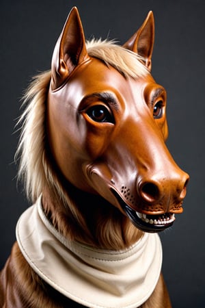  (Hyper Realistic), highest quality photos , 16k,HD,a dog wearing a full horse head mask  ,in amazing detail