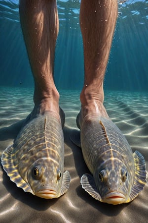  (Hyper Realistic), highest quality photos , 16k,HD, A Man with flounder as feet facing viewer, in perfect clarity,in amazing detail