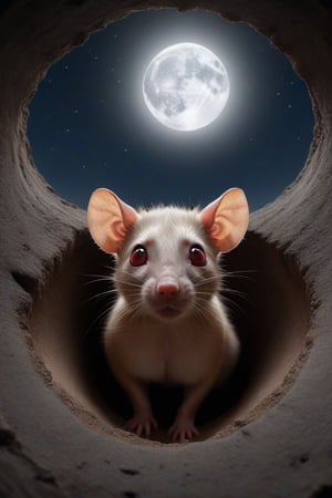 Hyper Realistic view from inside a hole in the ground,looking_at_viewers, looking down at 1girl, while she is looking up at them , the sky is starry and full moon,hole has some rats in it as well as looking in at her, rats have big red color eyes, clear views 