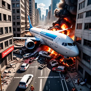 Hyper Realistic view ,8k photography,of horrific carnage of a city, from a airplane crash, into the streets   ,in amazing vivid detail,pov_eye_contact,graphic in detail,3D,Cartoon,ADD MORE DETAIL