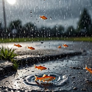  (Hyper Realistic), highest quality photos , 16k,HD, rain drops falling down from the sky into a puddle with miniature fish ,in amazing detail