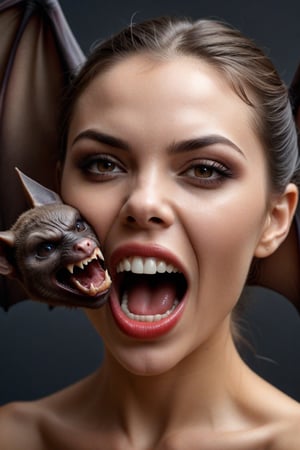  (Hyper Realistic), highest quality photos , 16k,HD, view of a beautiful 1 hot looking woman biting off a bats head facing viewer, in perfect clarity,in amazing detail