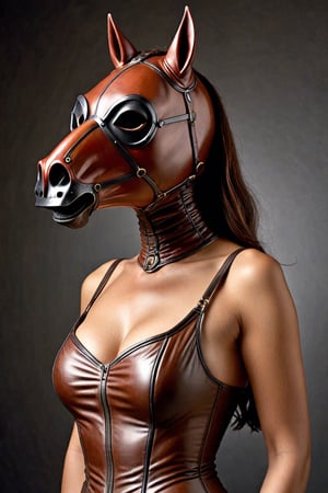  (Hyper Realistic), highest quality photos , 16k,HD,a woman with a hour glass figure wearing a full horse head mask  ,in amazing detail