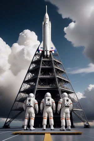  (Hyper Realistic), highest quality photos , 16k,HD, a group of miniature astronauts standing on a launch pad looking up into the heavens  ,1080P,in amazing detail
