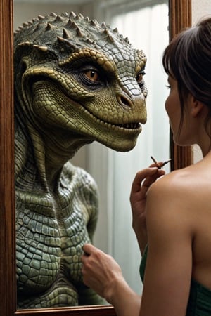  (Hyper Realistic), highest quality photos , 16k,HD, a Horrific reptilian woman , looking forward into a mirror,in amazing detail