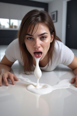  (Hyper Realistic), highest quality photos , 16k,HD, an abstract view of a beautiful 1 hot looking woman crawling on the floor lapping up spilled milk with her tongue ,facing viewer, in perfect clarity,in amazing detail