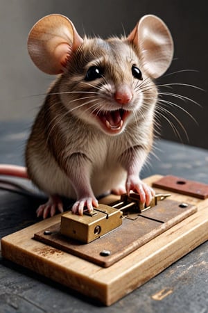  (Hyper Realistic), highest quality photos , 16k,HD,a mouse is pointing to a mousetrap having a big facial smile frontal view 