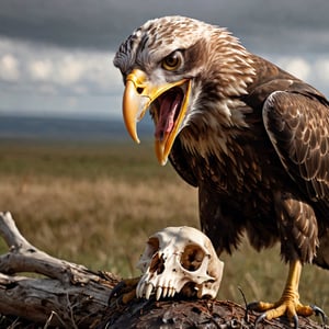  (Hyper Realistic), highest quality photos , 16k,HD, a buzzard picking at a cattle skull,real life 1080P,in amazing detail