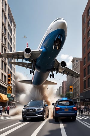 (Hyper Realistic), highest quality photos , 16k,HD,a airplane crashing straight into a busy intersection with people and vehicles street view   ,in amazing detail