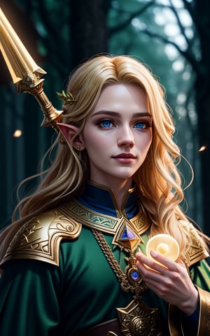 High Elf, blonde hair, Priest, Staff, beard, Winter, forest, pale skin, gold jewelry, gold accessories, gold accent, dnd, magical, bright blue hazel eyes, male, hyperrealistic Soft Pastel Colors, light from the sky, complex background, Long Exposure, Flowing Fabric, majestic, masterpiece, style of Andrew Ferez, Surreal, Gentle Movement, Dreamlike Cinematic Lighting, Super High Definition, seductive smile, RAW candid cinema, 16mm, color graded portra 400 film, remarkable color, ultra realistic, textured skin, remarkable detailed pupils, realistic dull skin noise, visible skin detail, skin fuzz, dry skin, shot with cinematic camera, glow effects, godrays, Hand drawn, render, 8k, octane render, cinema 4d, blender, dark, atmospheric 4k ultra detailed, Sharp focus, humorous illustration,  depth of field, Masterpiece, colors, 3d octane render, 4k, concept art, trending on artstation, hyperrealistic, Vivid colors, extremely detailed CG unity 8k wallpaper, trending on ArtStation, trending on CGSociety, Intricate, High Detail, absurdes, detailed skin texture,subsurface scattering,Detailedface,arshadArt