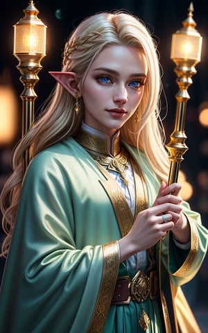 High Elf, white blonde hair, Priest, Staff, beard, Winter, forest, pale skin, gold jewelry, gold accessories, gold accent, dnd, magical, bright blue hazel eyes, (male), hyperrealistic Soft Pastel Colors, light from the sky, complex background, Long Exposure, Flowing Fabric, majestic, masterpiece, style of Andrew Ferez, Surreal, Gentle Movement, Dreamlike Cinematic Lighting, Super High Definition, seductive smile, RAW candid cinema, 16mm, color graded portra 400 film, remarkable color, ultra realistic, textured skin, remarkable detailed pupils, realistic dull skin noise, visible skin detail, skin fuzz, dry skin, shot with cinematic camera, glow effects, godrays, Hand drawn, render, 8k, octane render, cinema 4d, blender, dark, atmospheric 4k ultra detailed, Sharp focus, humorous illustration,  depth of field, Masterpiece, colors, 3d octane render, 4k, concept art, trending on artstation, hyperrealistic, Vivid colors, extremely detailed CG unity 8k wallpaper, trending on ArtStation, trending on CGSociety, Intricate, High Detail, absurdes, detailed skin texture,subsurface scattering,Detailedface,arshadArt