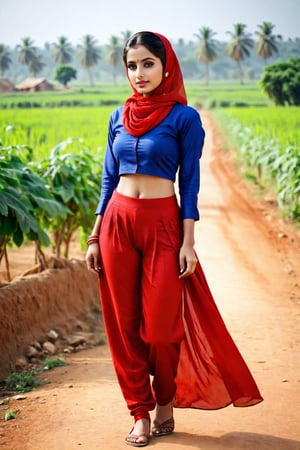 A  village girl with stunning beauty , indian girl with full body hijab, red salwar suit, village  landscape, beautiful colour eyes.