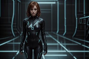 young woman, leather motorcycle jumpsuit Tron style, cyber_punk style, indoor, beautiful face, vibrant, standing in  combat pose, 3D body, realistic, high heals shoes,volumetric lighting, lovely, masterpiece, very detailed textures, very long healthy hair, curly electric hair,perfect, cinematic lighting, hyper-realistic, masterpiece, 16k,Young beauty spirit, beautiful lips,nice legs and hot body, thin feminine legs, Extremely Realistic,Photography, Enhance,realhands, depth of field, ,Tron in background,tron