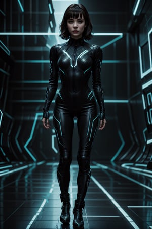 young woman, leather motorcycle jumpsuit Tron style, cyber_punk style, indoor, beautiful face, vibrant, standing in  combat pose, 3D body, realistic, high heals shoes,volumetric lighting, lovely, masterpiece, very detailed textures, very long wavy hair, curly hair,perfect, cinematic lighting, hyper-realistic, masterpiece, 16k,Young beauty spirit, beautiful lips,nice legs and hot body, thin feminine legs, Extremely Realistic,Photography, Enhance,realhands, depth of field, ,Tron in background,tron