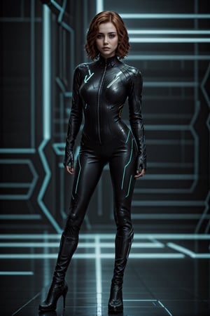 young woman, leather motorcycle jumpsuit Tron style, cyber_punk style, indoor, beautiful face, vibrant, standing in  combat pose, 3D body, realistic, high heals shoes,volumetric lighting, lovely, masterpiece, very detailed textures, very long healthy hair, curly electric hair,perfect, cinematic lighting, hyper-realistic, masterpiece, 16k,Young beauty spirit, beautiful lips,nice legs and hot body, thin feminine legs, Extremely Realistic,Photography, Enhance,realhands, depth of field, ,Tron in background,tron