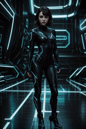 young woman, leather motorcycle jumpsuit Tron style, very detailed and complex Tron design suit, cyber_punk style, indoor, beautiful face, vibrant, standing in  combat pose, 3D body, realistic, high heals shoes,volumetric lighting, lovely, masterpiece, very detailed textures, very long wavy hair, curly hair,perfect, cinematic lighting, hyper-realistic, masterpiece, 16k,Young beauty spirit, beautiful lips,nice legs and hot body, thin feminine legs, Extremely Realistic,Photography, Enhance,realhands, depth of field, ,Tron in background,tron