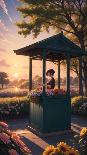 (, Masterpiece, hyper detailed,), detailed anime style, large kiosk on the corner of an intersection, trees and flowers on foreground, sunset slow beautiful movie atmosphere, 8k, ultra beautiful, detailed, detailed anime style. ,photorealistic