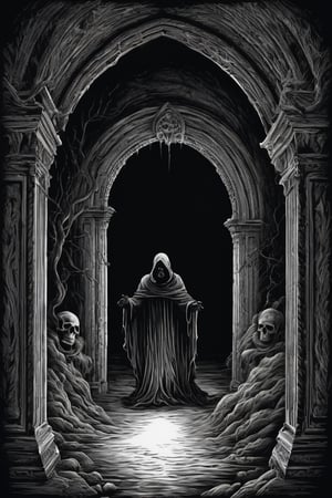 Very haunting! Haunting ink illustration depicting the fear of death. Highly detailed, realistic and detailed linework. Real terror is not the sight of death; it is the fear of the unknown. The abyss is not the unknown; I am closer kin than you and it. Flick pen effect. Dark and moody composition. Shadowy atmosphere.