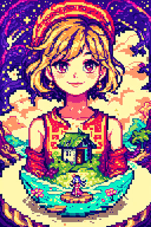 more detail 1:1.nature.,pastelbg,rapthr, stars, house,fantasy00d,xuer dreamy landscapes,Isometric,Isometric view, female,.flow, woman, lake, clouds in the galaxy,Pixel art,Pixel world, large hair, Make a pixel art of a portrait of a famous person or a well-known fictional character.
