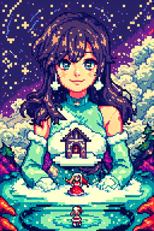 more detail 1:1.nature.,pastelbg,rapthr, stars, house sinester ,fantasy00d,xuer dreamy landscapes, falling_snow,Isometric,snow Isometric view, female,.flow, woman, lake, clouds in the galaxy,Pixel art,Pixel world, large hair, christmas, xmas, Make a pixel art of a portrait of a famous person or a well-known fictional character and heroes.
