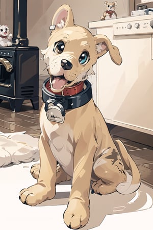 masterpiece, (high quality:1.1), More details, Detailed eyes, ,Chopper,West Highlander,dragonbaby, dog, cooker, long ears, long snout, cute eyes, dog-like body, four legs, white and mottled brown fur, gaze at viewer,collar,Pixel art