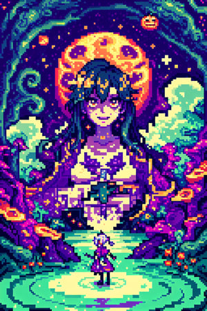more detail 1:1.nature.,pastelbg,rapthr, stars, house sinester ,fantasy00d,xuer dreamy landscapes,dark,Isometric,Isometric view, female,.flow, woman, lake, clouds in the galaxy,Pixel art,Pixel world, large hair, halloween, spooky, Make a pixel art of a portrait of a famous person or a well-known fictional character and villians.
