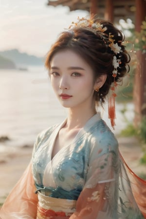 A beautiful face, tears running down the cheeks, sad eyes, desperate expression,  wedding dress-style hairstyle,,Look at the camera A picturesque scene, with a charming appearance, a tender personality, elegant Hanfu, meditation, eyes wrapped in gauze, with a white background as the main color, and do not look at the camera , costume hairstyle, side face, realistic far scene, no cross-eyes, realistic scene like landscape painting, character standing,island,Long shot,bif breast
