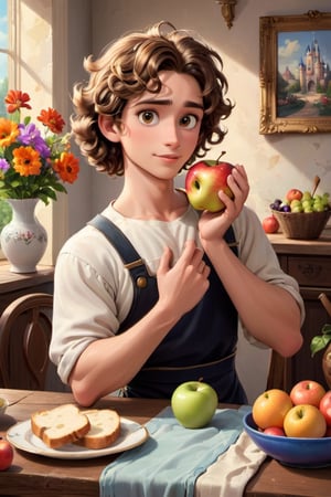  a young handsome man with curly brown hair, one hand hold an apple on his hand, on the table there is vase with flowers, fruits, breads, in the style of David LaChapelle, oil painting,disney pixar style