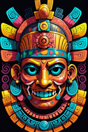 mayan mask, Highly detailed vector 2d illustration, bright neon Fluorescent psychedelic colors,