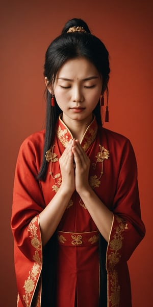 A Chinese ancient beauty is praying, with hands clasped together, eyes closed in silence, wearing a solemn yet beautiful expression, Red Background, 12 years old
