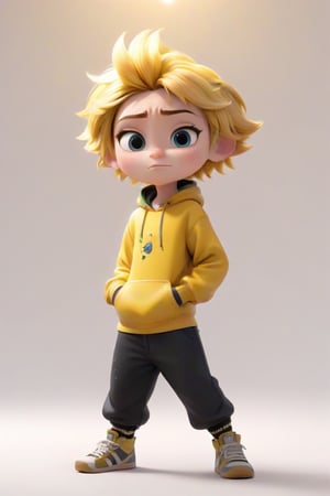 4d photographic image of full body image of a cute little chibi boy, surreal, gold hair, vivid colours octane render trending on artstation, artistic photography, photorealistic concept art, soft natural volumetric cinematic perfect light, UHD white background, Dream House, Disney style, Disney Pixar style,score_9, modern Disney, yellow clothes, preparatory,disney pixar style