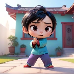 4d photographic image of full body image of a cute little chibi boy, surreal, black hair, vivid colours octane render trending on artstation, artistic photography, photorealistic concept art, soft natural volumetric cinematic perfect light, UHD white background, Dream House, Disney style, Disney Pixar style,score_9, modern Disney, Chinese Tai Chi diagram,cute cartoon ,disney pixar style